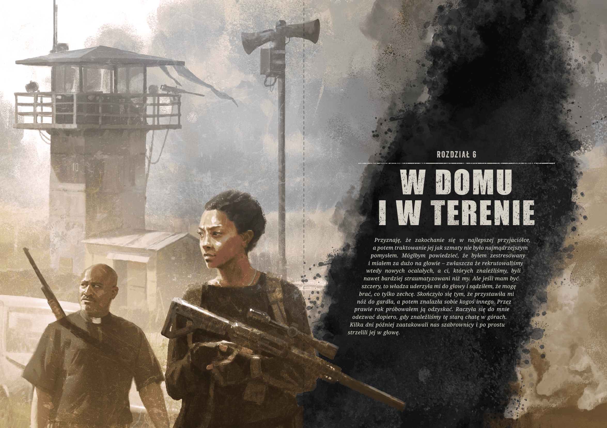 Ilustracja przedstawiająca ludzi z bronią na tle wieży strażniczej